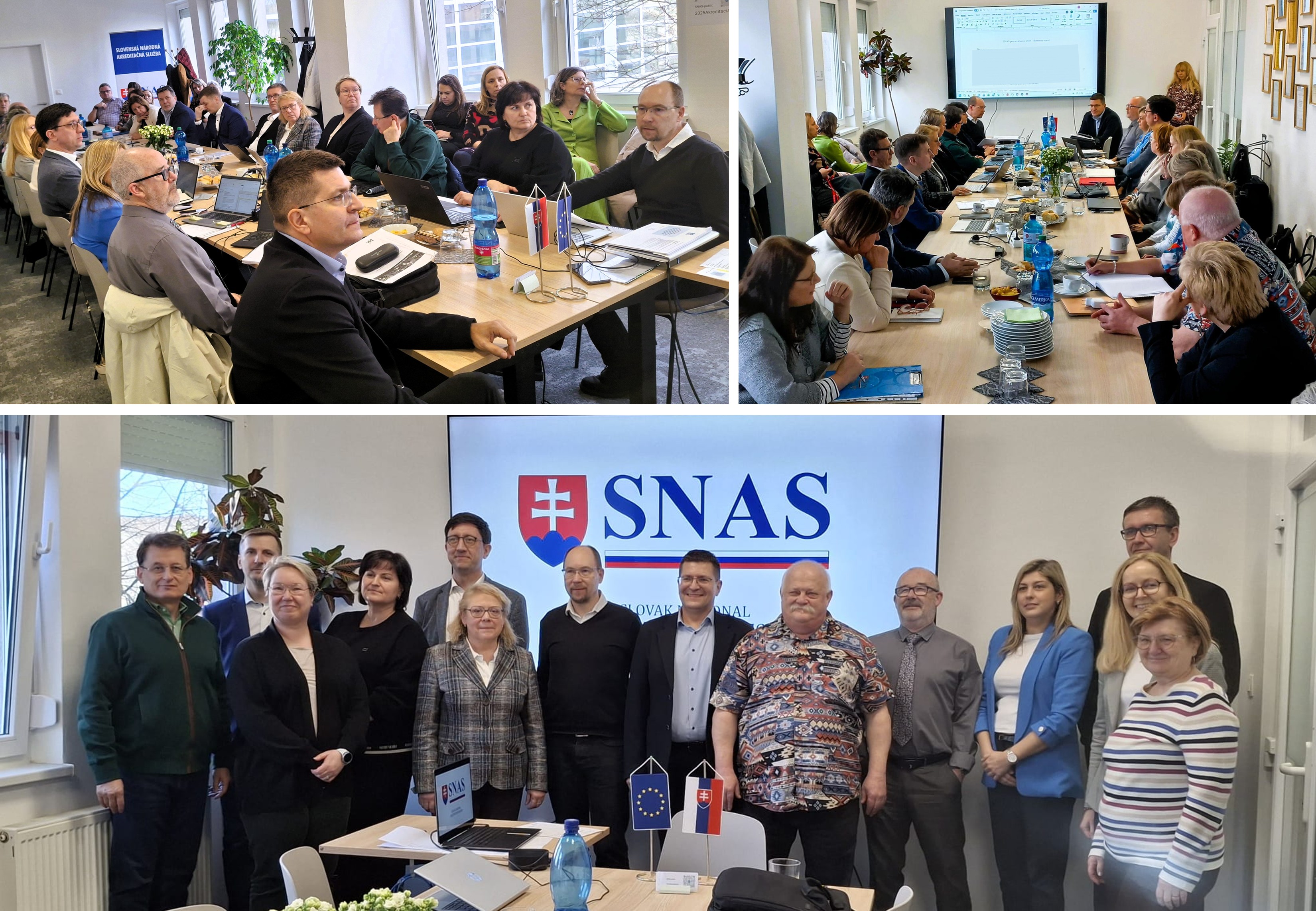 koláž fotiek z priebehu evaluácie, zobrazuje evaluačnú skupinu a pracovníkov SNAS