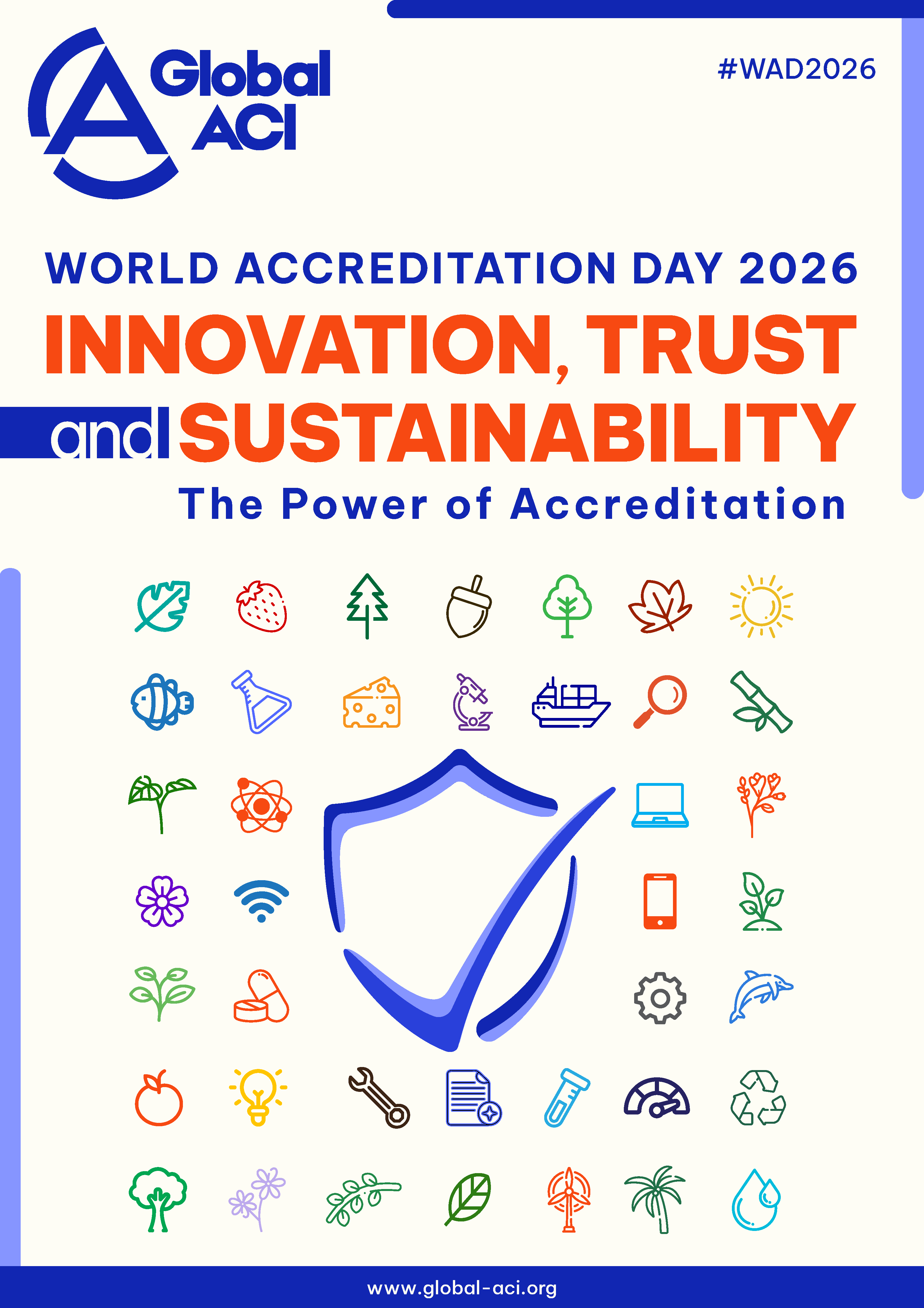 Oficiálny poster Svetového dňa akreditácie 2026, obsahuje logo Global ACI a text "WORLD ACCREDITATION DAY 2026 INNOVATION, TRUST and SUSTAINLABILITY The Power of Accreditation"