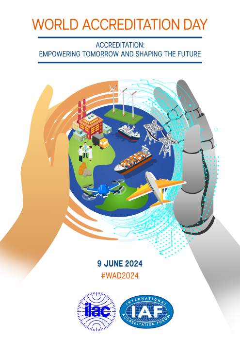 Tohtoročný svetový deň akreditácie je 9. jún 2024. Zajtrajšok sveta formuje ruka hrnčiara a mechanická ruka. V spodnej časti obrázka je Logo IAF a Logo ILAC.