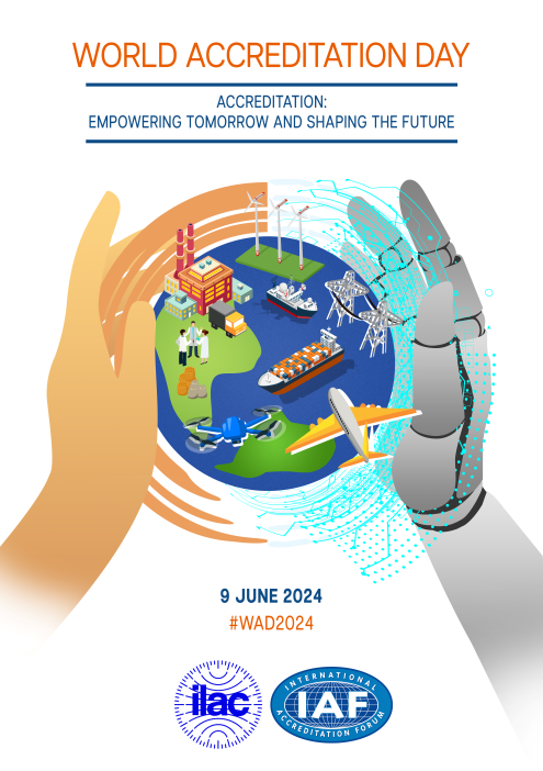 Svetový deň akreditácie. Tohtoročný svetový deň akreditácie, 9. jún 2024, sa nesie v znamení témy „Akreditácia: Posilnenie zajtrajška a formovanie budúcnosti“. V spodnej časti obrázka je Logo IAF a Logo ILAC. Svetový deň akreditácie je 9. júna 2024.
